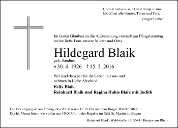 Traueranzeige von Hildegard Blaik von  Allgemeine  Zeitung Ingelheim-Bingen