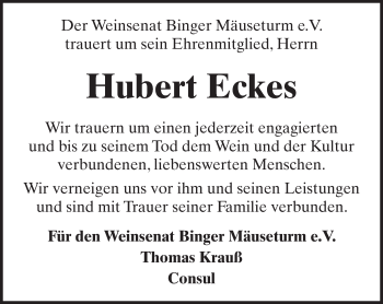 Traueranzeige von Hubert Eckes von  Allgemeine  Zeitung Ingelheim-Bingen