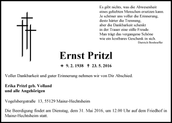 Traueranzeige von Ernst Pritzl von  Allgemeine Zeitung Mainz Traueranzeige von Ernst Pritzl von  Allgemeine Zeitung Mainz