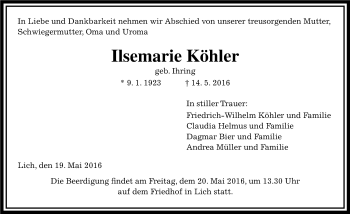Traueranzeige von Ilsemarie Köhler von  Gießener Anzeiger