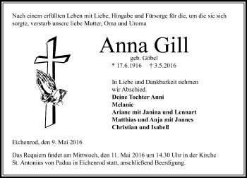 Traueranzeige von Anna Gill von VRM Trauer