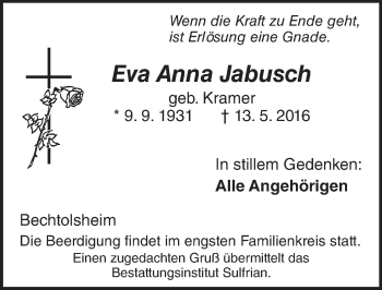 Traueranzeige von Eva Anna Jabusch von  Allgemeine Zeitung Mainz