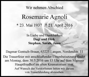 Traueranzeige von Rosemarie Agnoli von  Allgemeine Zeitung Mainz