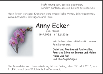 Traueranzeige von Anny Ecker von Trauerportal Echo Online