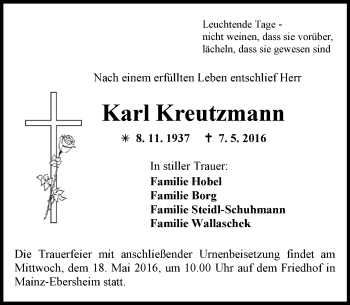 Traueranzeige von Karl Kreutzmann von  Allgemeine Zeitung Mainz