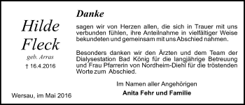 Traueranzeige von Hilde Fleck von Trauerportal Echo Online