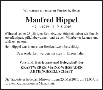 Traueranzeige von Manfred Hippel von  Mainspitze Traueranzeige von Manfred Hippel von  Mainspitze