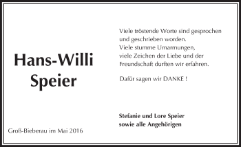 Traueranzeige von Hans-Willi Speier von Trauerportal Echo Online