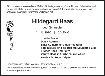 Traueranzeige von Hildegard Haas von  Wormser Zeitung