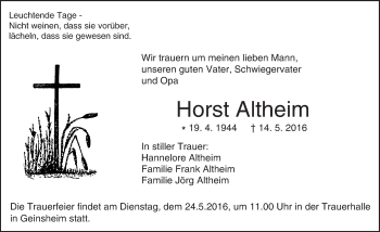 Traueranzeige von Horst Altheim von Trauerportal Echo Online
