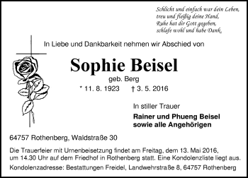 Traueranzeige von Sophie Beisel von Trauerportal Echo Online