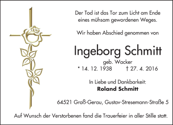 Traueranzeige von Ingeborg Schmitt von Trauerportal Echo Online