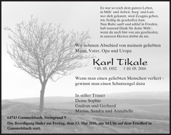 Traueranzeige von Karl Tikale von Trauerportal Echo Online