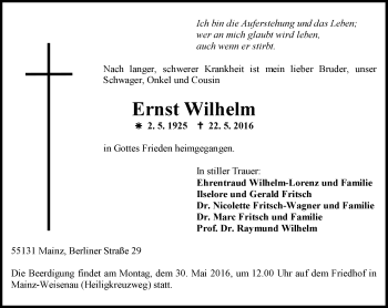 Traueranzeige von Ernst Wilhelm von  Allgemeine Zeitung Mainz Traueranzeige von Ernst Wilhelm von  Allgemeine Zeitung Mainz