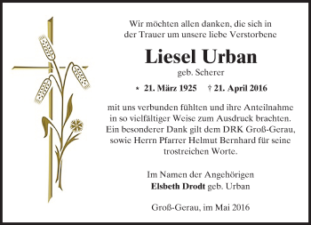 Traueranzeige von Liesel Urban von Trauerportal Echo Online