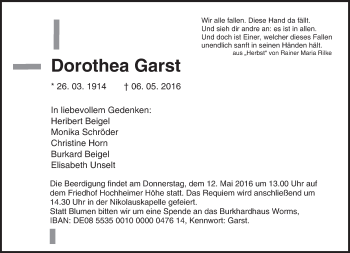Traueranzeige von Dorothea Garst von  Wormser Zeitung