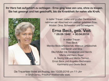 Traueranzeige von Erna Beck von Trauerportal Echo Online