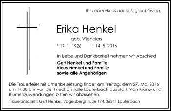 Traueranzeige von Erika Henkel von VRM Trauer