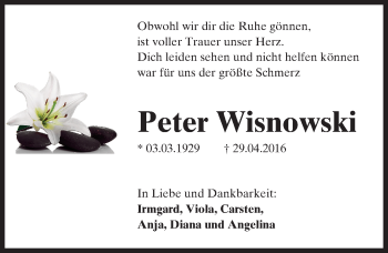 Traueranzeige von Peter Wisnowski von Trauerportal Echo Online