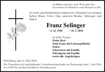 Traueranzeige von Franz Selinger von  Kreisanzeiger