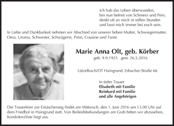 Traueranzeige von Marie Anna Olt von Trauerportal Echo Online