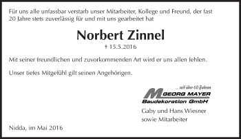 Traueranzeige von Norbert Zinnel von  Kreisanzeiger