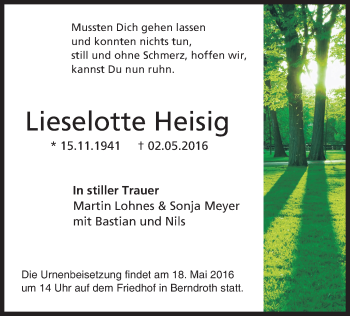 Traueranzeige von Lieselotte Heisig von  Wiesbaden komplett