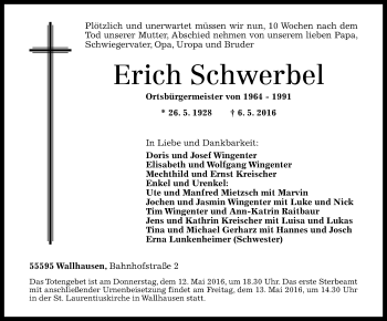 Traueranzeige von Erich Schwerbel von  Allg. Zeitung Bad Kreuznach