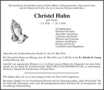 Traueranzeige von Christel Huhn von  Gießener Anzeiger