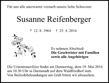 Traueranzeige von Susanne Reifenberger von Trauerportal Echo Online