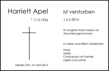 Traueranzeige von Harriett Apel von  Allgemeine Zeitung Mainz