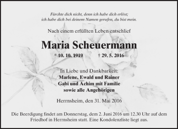 Traueranzeige von Maria Scheuermann von  Wormser Zeitung