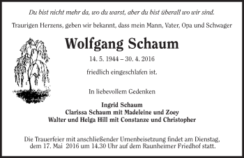 Traueranzeige von Wolfgang Schaum von  Mainspitze
