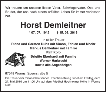 Traueranzeige von Horst Demleitner von  Wormser Zeitung