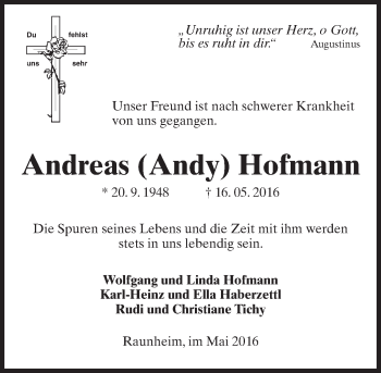 Traueranzeige von Andreas Hofmann von  Mainspitze