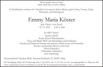 Traueranzeige von Emmy Maria Köster von  Allgemeine Zeitung Alzey
