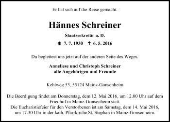 Traueranzeige von Hännes Schreiner von  Allgemeine Zeitung Mainz