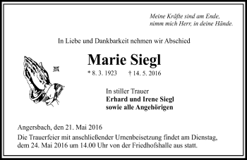 Traueranzeige von Marie Siegl von VRM Trauer