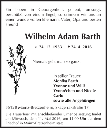 Traueranzeige von Wilhelm Adam Barth von  Allgemeine Zeitung Mainz
