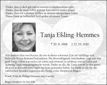 Traueranzeige von Tanja Eßling-Hemmes von  Allgemeine  Zeitung Ingelheim-Bingen