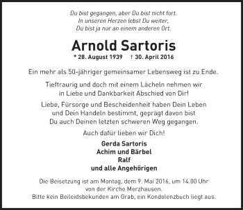 Traueranzeige von Arnold Sartoris von  Usinger Anzeiger
