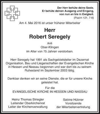 Traueranzeige von Robert Seregely von Trauerportal Echo Online