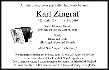 Traueranzeige von Karl Zingraf von  Usinger Anzeiger