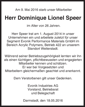 Traueranzeige von Dominique Lionel Speer von Trauerportal Echo Online