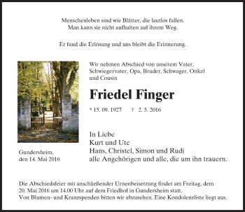 Traueranzeige von Friedel Finger von  Wormser Zeitung