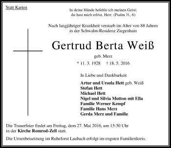 Traueranzeige von Gertrud Berta Weiß von VRM Trauer