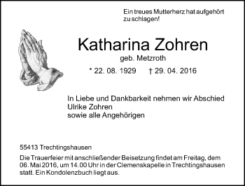 Traueranzeige von Katharina Zohren von  Allgemeine  Zeitung Ingelheim-Bingen