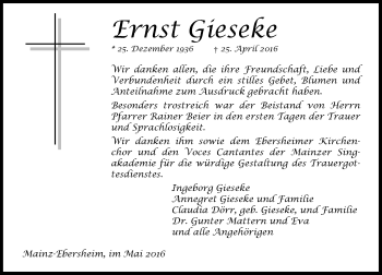 Traueranzeige von Ernst Giesecke von  Allgemeine Zeitung Mainz