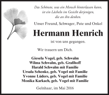 Traueranzeige von Hermann Henrich von  Kreisanzeiger