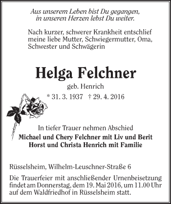 Traueranzeige von Helga Felchner von  Mainspitze Traueranzeige von Helga Felchner von  Mainspitze